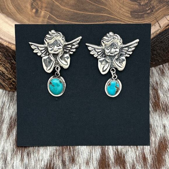 FEDERICO JIMENEZ Sterling Silver Angel Post Earrings Natural Turquoise Dangles - Picture 1 of 3